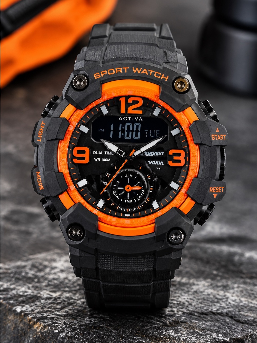 Activa Men’s Sport Watch Black Orange Dual Time Digital Analog NWT